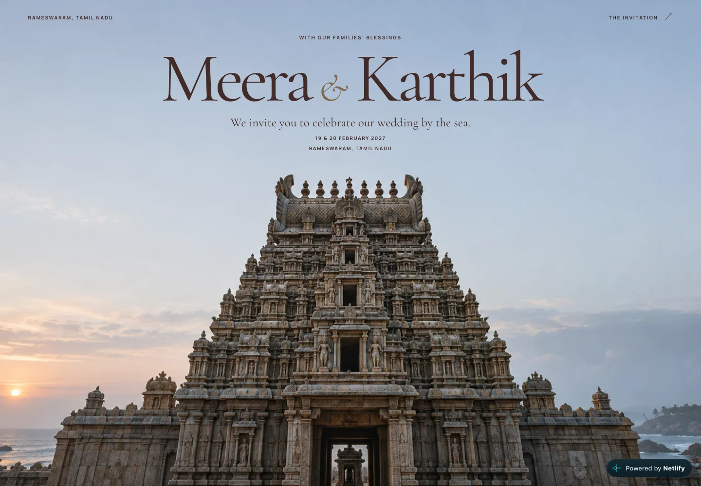 Devalaya invitation: South Indian temple architecture behind the couple’s welcome.
