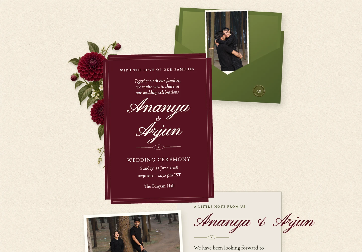 Saaj invitation: the couple’s names and a sealed green envelope on cream paper.